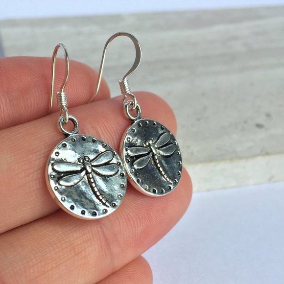 Silver Dragonfly disk Earrings - Picture 3 of 4